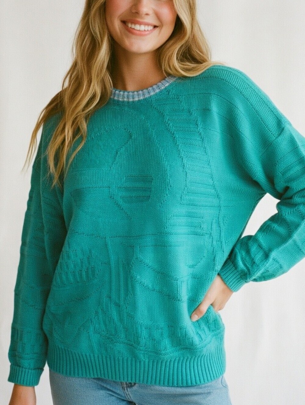 Vintage 80's Green Crew Neck Patterned Knit Sweater Size L